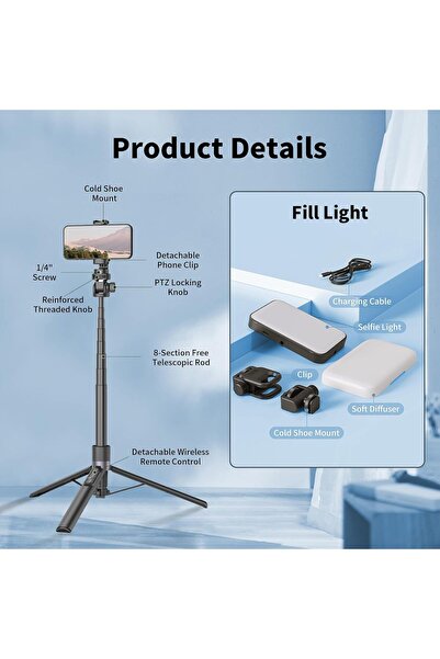Toneof 173cm Selfie Stick Tripod Vlogging Kit with 96LED Phone Light - Black