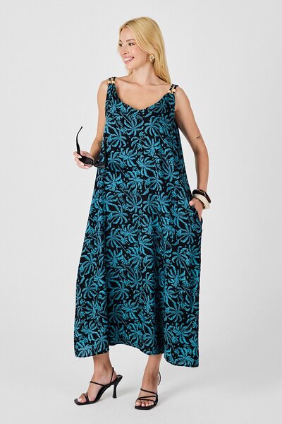 VAGGON Kadın Cam Göbeği Askılı Boncuk Detaylı Çift Cepli Desenli Salaş Elbise Vs00834