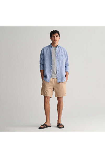 Gant Erkek Mavi Regular Fit Düğmeli Yaka Kareli Keten Gömlek