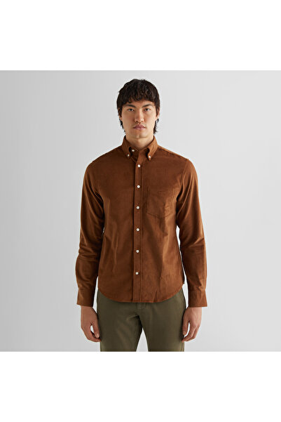 Gant Erkek Kahverengi Regular Fit Düğmeli Yaka Kadife Gömlek