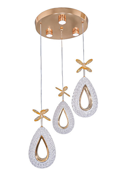 Turanconcept Arel 3lü Modern Led Avize Gold Renk Kristal Görünüm Gün Işığı Enerji Tasarruflu Salon Yemek Odası