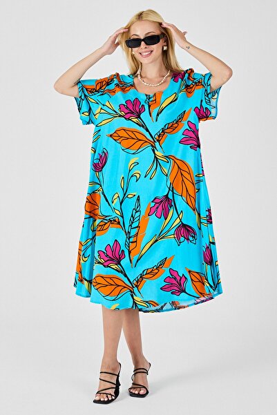 VAGGON Γυναικείο φόρεμα με μπλε βρεφικό σχέδιο με φύλλα, κοντό μανίκι, μίντι μήκους Vs00816