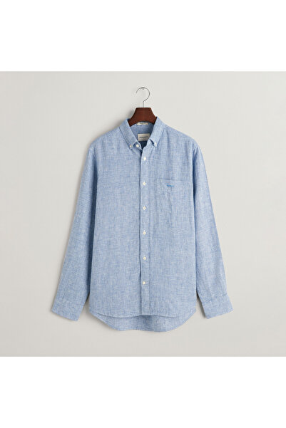Gant Erkek Mavi Regular Fit Düğmeli Yaka Kareli Keten Gömlek