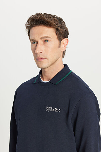 AC&Co / Altınyıldız Classics Erkek Lacivert 2 İplik Pamuklu Standart Fit Normal Kesim Polo Yaka Sweatshirt