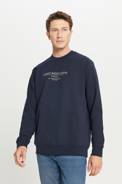 AC&Co / Altınyıldız Classics Чоловічий синій 2-нитковий бавовняний стандартний крій нормальний крій велосипедний комір світшот