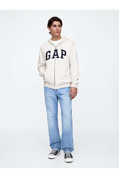 GAP Erkek Beyaz Logo Relaxed Fleece Fermuarlı Sweatshirt
