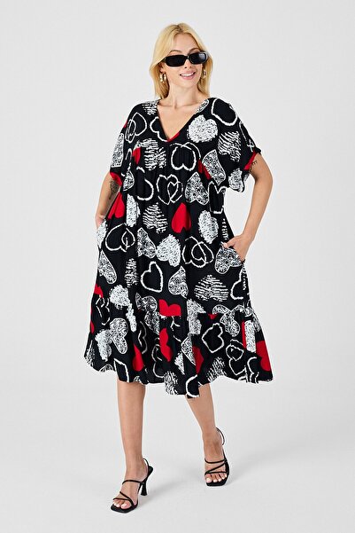 VAGGON Women's Red-Black V-Neck Oversize Cut Patterned Double Pocket Flounce Dress Vs00835