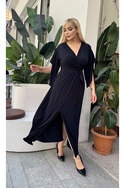 LİKRA Women's Plus Size Asymmetric Sleeve Detail Double-Collar Belt Sandy Evening Dress