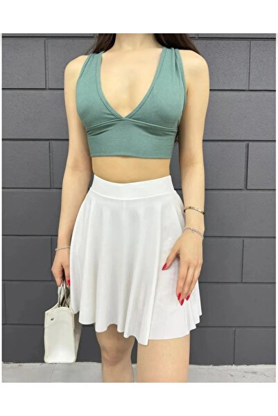 CARABO MODA Women's White Stretchy Flared Skirt Pleated Skirt