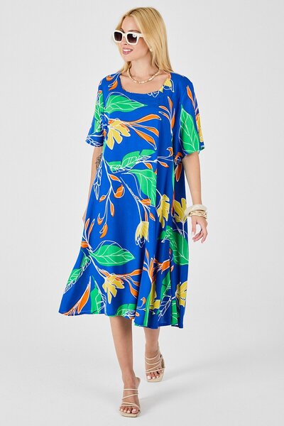 VAGGON Women's Saks Leaf Patterned U-Neck Short Sleeve Midi Length Dress Vs00816