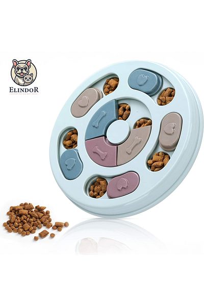 Elindor ® Interactive Pet Puzzle Toy, Food Bowl, Sliding Compartments, Blue