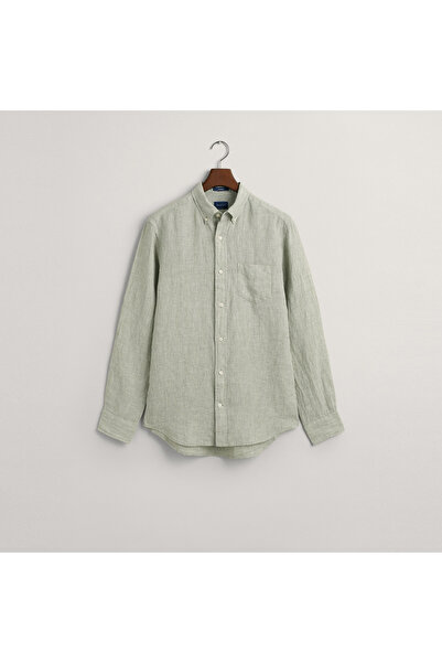 Gant Erkek Yeşil Regular Fit Çizgili Keten Gömlek