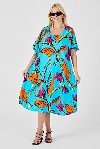 VAGGON Γυναικείο φόρεμα με μπλε βρεφικό σχέδιο με φύλλα, κοντό μανίκι, μίντι μήκους Vs00816