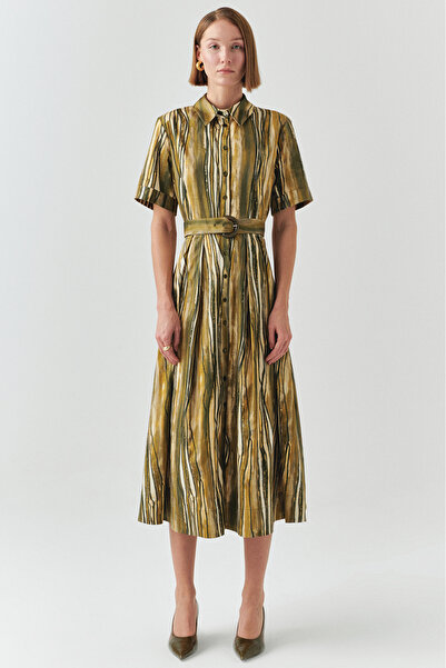 Exquise Patterned Short Sleeve Regular Midi Dress with Waist Belt