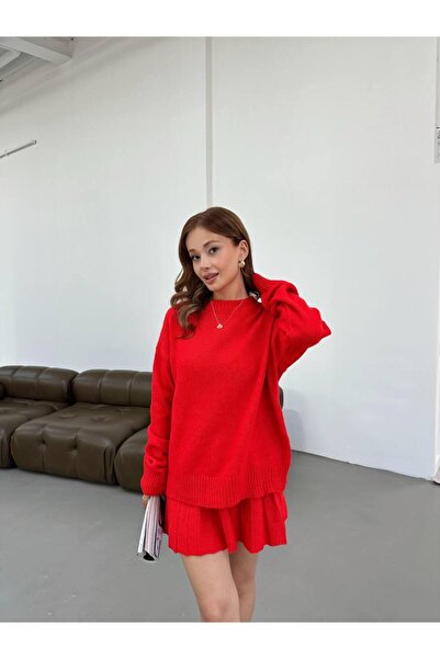 NZL TEKSTİL Dgn's Crocheted Mini Skirt with Crocheted Sweater with Crocheted Necklace Women's Top and Bottom Knitwear Set