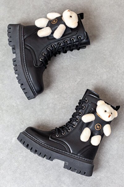 Wanetti Ayıcıklı Soğuk Geçirmez Kaymaz Taban Kız Çocuk Bot, Fermuarlı Kız Çocuk Siyah Bot, Siyah Çocuk Bot