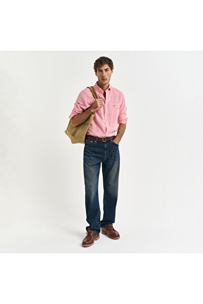 Gant Erkek Kırmızı Regular Fit Düğmeli Yaka Çizgili Keten Gömlek
