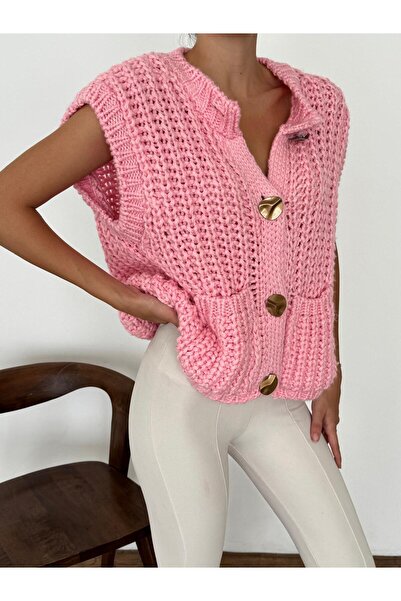 yeditepe fashion Gold Düğmeli Cepli Bellor Triko Yelek Pembe