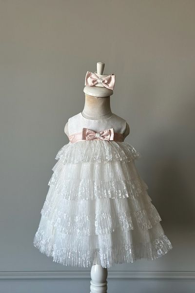 Mialora Special Design Girl's Evening Dress, Layered Skirt, Bow Detail, Lace Detail, Hair Accessory_