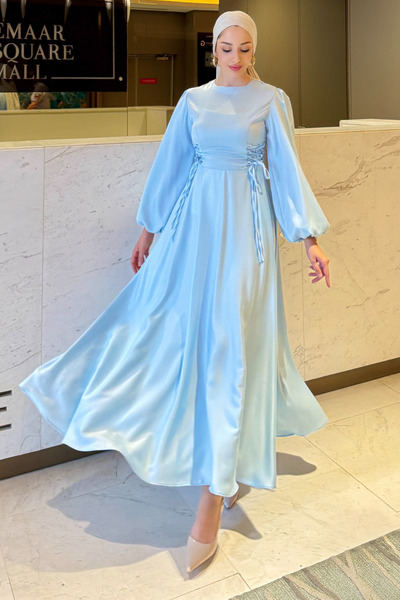 Abiye Diyarı Satin Evening Dress with Side Drawstrings-Ice Blue