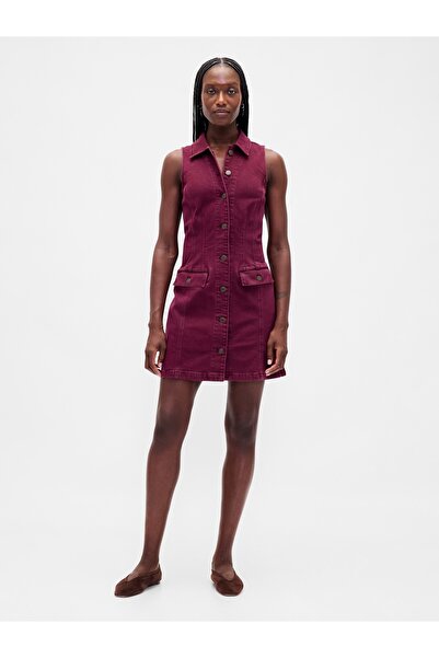 GAP Kadın Bordo Denim Yaka Shift Mini Elbise