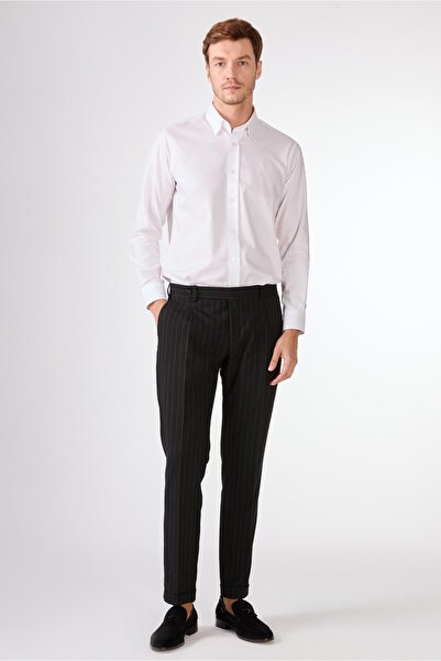 Dufy Siyah Çizgili Sivri Yaka Slim Fit Erkek Takım Elbise