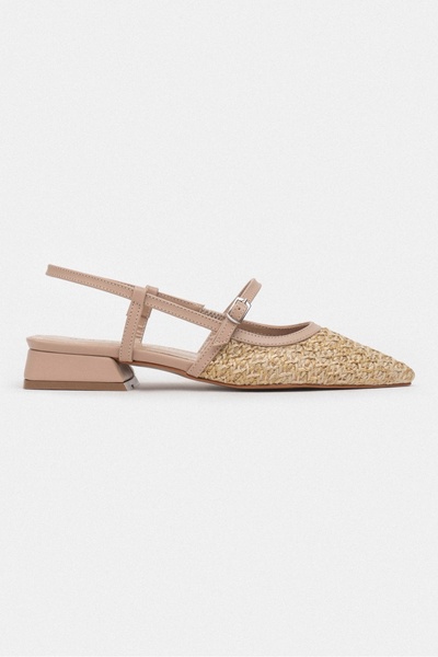 NİŞANTAŞI SHOES X-Harmony Straw Beige Belt Detail Pointed Toe Short Heeled Women's Ballerinas