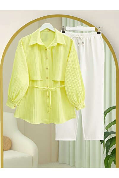 Modamorfo Belted Bolero Detailed Stoned Buttoned Shirt - Yellow