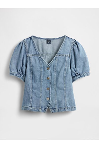 GAP Kadın Mavi Denim Puff-Sleeve Seamed Üst