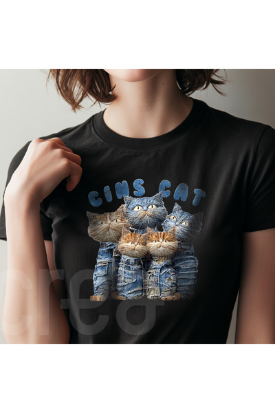 Crea Eymer Wear Tricou din bumbac imprimat cu gât rotund cu design Kot Cat Ti...
