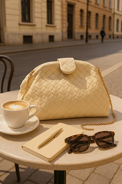 Selin Atelier Beige Knitted Leather Chain Portfolio Clutch Bag