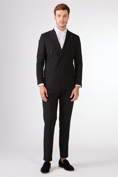 Dufy Black Striped Men's Suit - Slim Fit