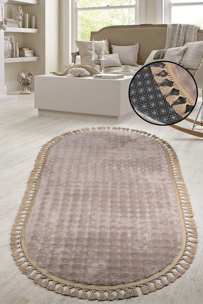 Bestekar Puffelle Kahve Oval Ponpon Saçaklı Kaymaz Tabanlı Yumuşak Yıkanabili...