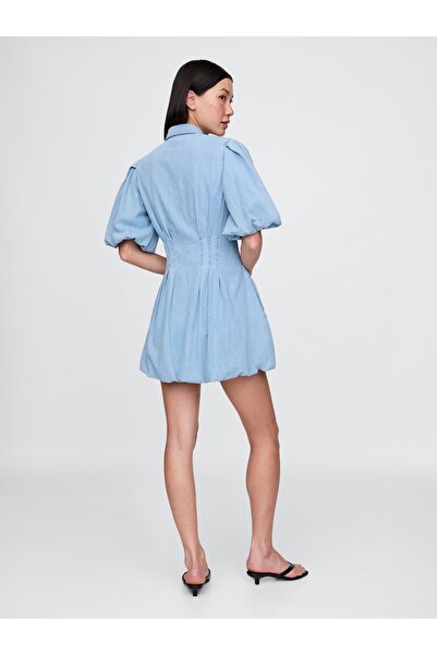 GAP Kadın Açık Mavi Denim Bubble Mini Gömlek Elbise
