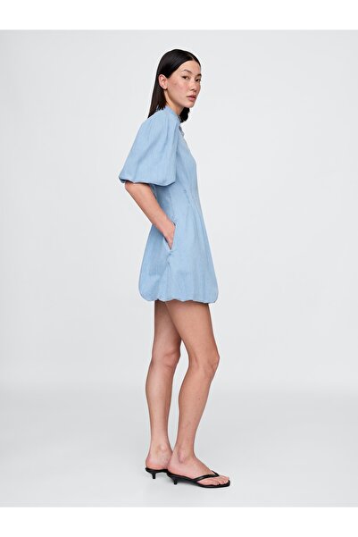 GAP Kadın Açık Mavi Denim Bubble Mini Gömlek Elbise