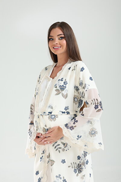 LOHOUSE Women's Ecru Patterned Double Breasted Flange Sleeve Maternity Nightg...