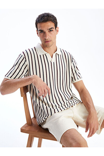 LC Waikiki Burgundy Polo Collar Striped Combed Cotton Men's T-Shirt