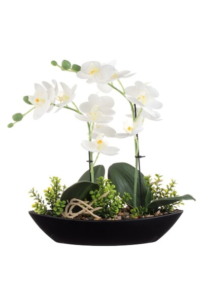 OEM Decorative Pot, Boat Shape, Artificial Orchid, Black and White, 27x9x30 cm