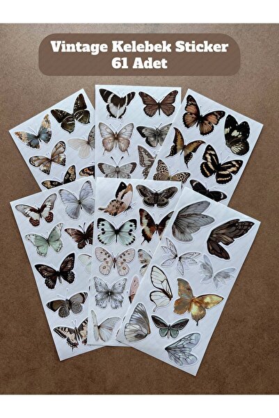 hdsticker 61 Adet Vintage Kelebek Sticker Seti - Defter, Duvar, Laptop, Ayna, Cam Çocuk Kitap Dekor Etiket P4