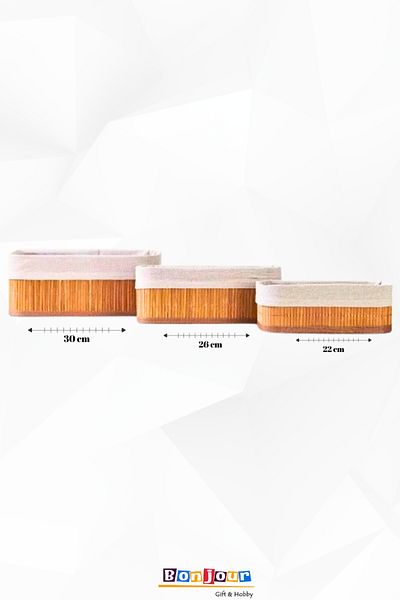 Bonjour Gift & Hobby Natural Bamboo 3-Piece Basket Set – Rectangular, Multi-Purpose Storage and Organizer