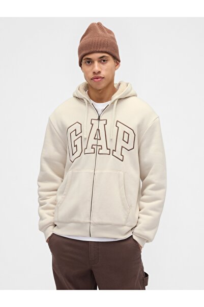 GAP Erkek Krem Relaxed Logo Sherpa Astarlı Fermuarlı Sweatshirt
