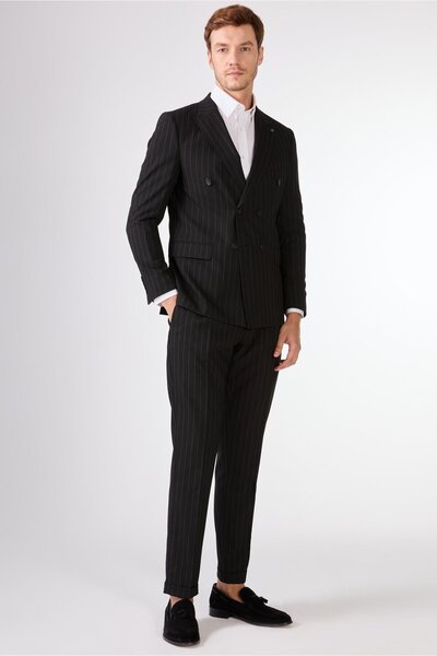 Dufy Black Striped Men's Suit - Slim Fit
