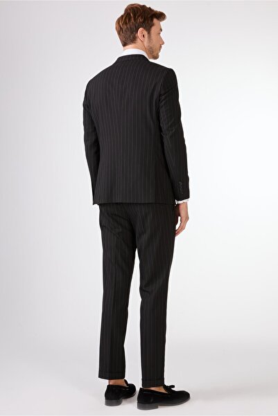 Dufy Siyah Çizgili Sivri Yaka Slim Fit Erkek Takım Elbise