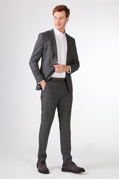 Dufy Anthracite Herringbone Men's Suit - Slim Fit