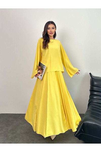 Hatun Atila Overlock Detailed Blouse and Skirt Double Set 8045 - Yellow
