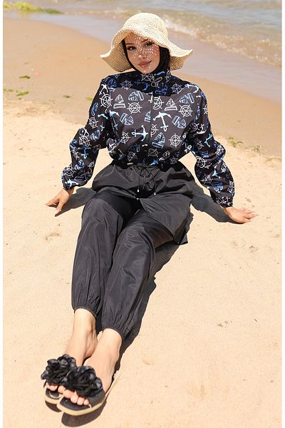 sefamerve Elastic Waist Anchor Patterned Zippered Hijab Swimsuit with Bonnet Gift 9005K-01 Black Blue