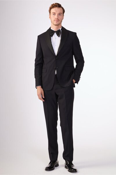 Dufy Black Men's Slim Fit Mono Collar Tuxedo Suit - 79125