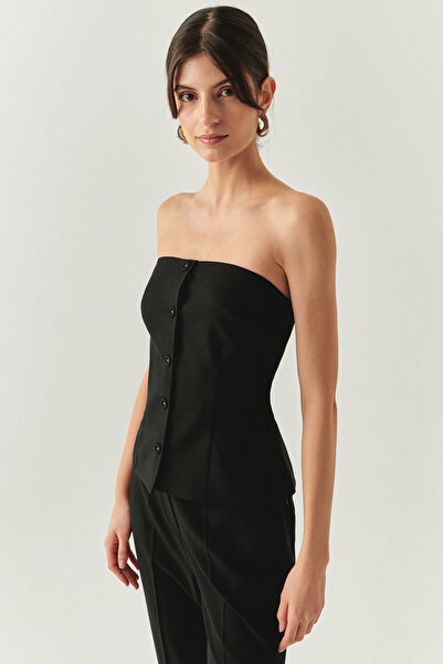 Exquise Strapless Buttoned Slim Fit Black Bustier