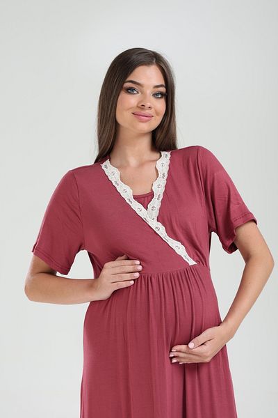 LOHOUSE Women's Burgundy Patterned Double Breasted Flange Sleeve Maternity Nightgown-Dressing Gown Set of 2