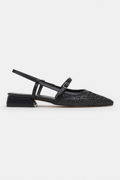 NİŞANTAŞI SHOES X-Harmony Straw Black Belt Detail Pointed Toe Short Heeled Women's Ballerinas
